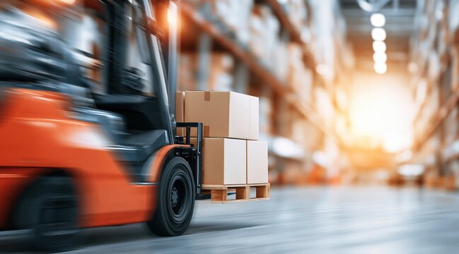Orange forklift carrying cardboard boxes on pallet in warehouse with motion blur