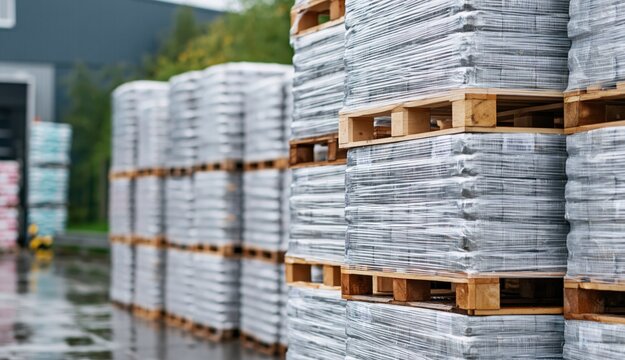Stacks of shrink wrapped goods on wooden pallets in industrial yard