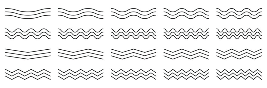 Geometric wave and zigzag line set vector illustration featuring seamless black horizontal waves, creative curvy dividers, sharp minimalist chevrons for graphic web design texture.