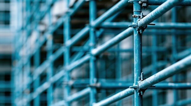 Close up of blue metal scaffolding structure at construction site