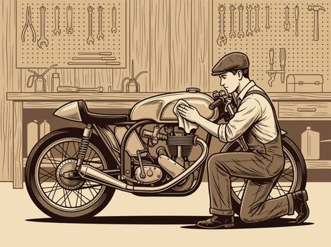 Vintage vector illustration of a mechanic wearing a flat cap and overalls cleaning a classic cafe racer motorcycle in a garage workshop with hand tools on a pegboard background.