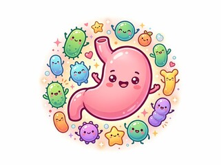 Naklejka premium Cute cartoon stomach character surrounded by friendly gut bacteria microbes.