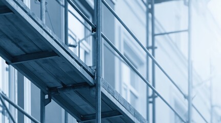 Obraz premium Close up scaffolding with wooden planks and metal rails on building facade