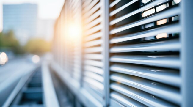 Close up of grey metallic louvers on urban fence at sunset