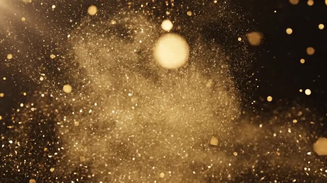 Golden shimmering dust particles exploding and dispersing gradually in the air against a black background with a warm light flare from the corner creating a cinematic glowing effect