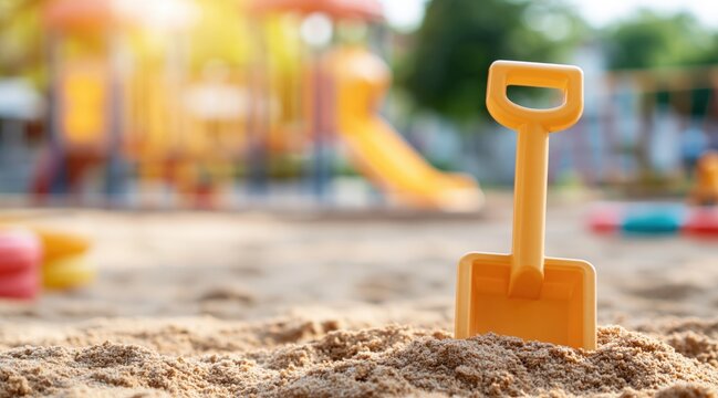 Yellow plastic toy shovel in sandbox at outdoor playground