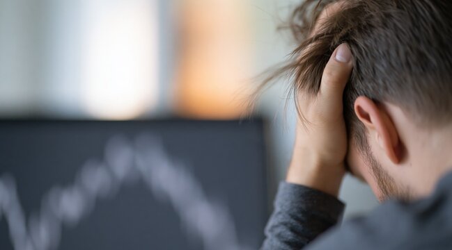 Man in despair looking at falling stock market chart on computer screen