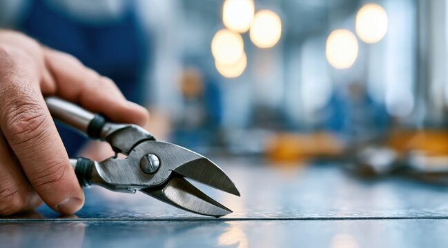 Hand holding tin snips on metal sheet in workshop