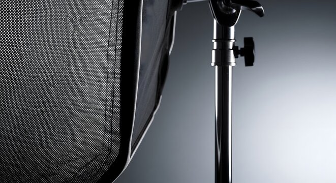 Black photography lighting scrim frame with metallic stand in studio