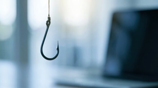 Metal fish hook hanging in front of blurred laptop computer in office