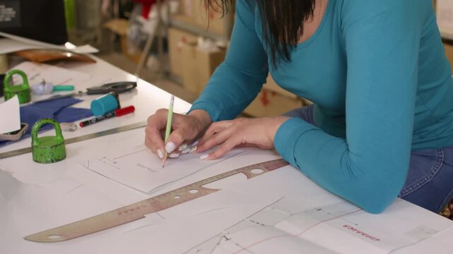 Apparel atelier workflow. Tailor desk. Woman hand writing pencil notes on paper garment patterns creating clothes draft in studio.