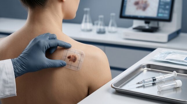 Dermatologist examines skin mole on patient shoulder using medical grid patch in modern clinical laboratory setting office