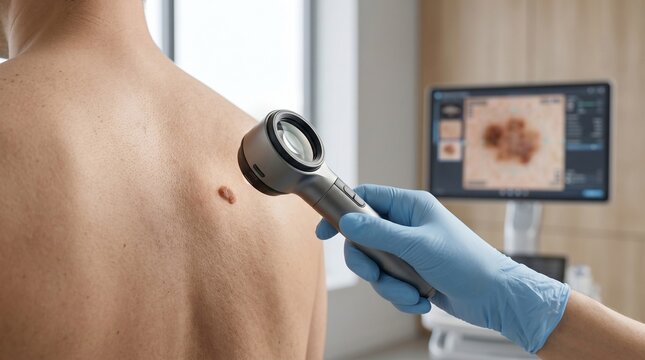 Dermatologist examines skin mole on patient back using dermatoscope in modern medical clinic with digital imaging screen
