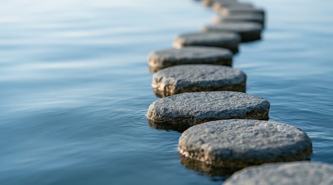 Line of round stepping stones on calm water surface