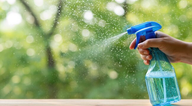 Hand holding blue spray bottle and spraying mist against blurred green background