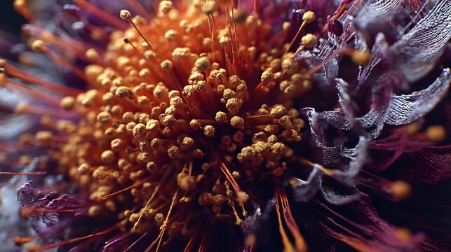 Extreme Macro View of Flower Stamens with Golden Pollen and Purple Petals in Shallow Depth of Field