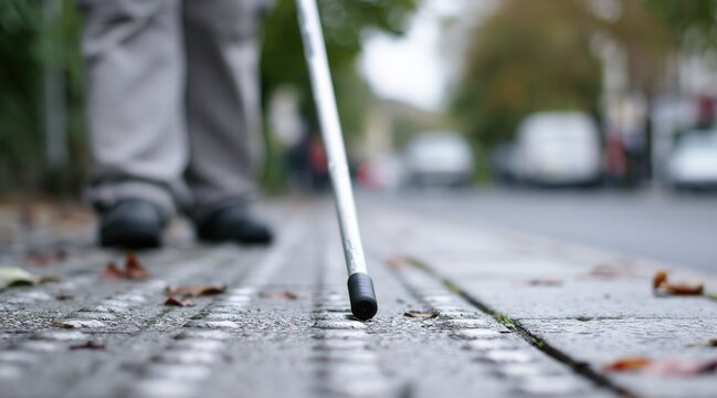 White cane tapping tactile paving on city sidewalk