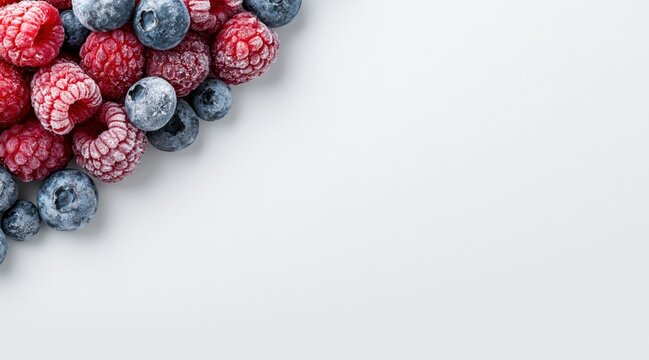 Frozen raspberries and blueberries on white background with copy space
