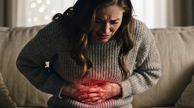 Experiencing severe stomach pain, heartburn, and reflux, indicating potential gastritis or an ulcer, a woman clutches her abdomen in distress