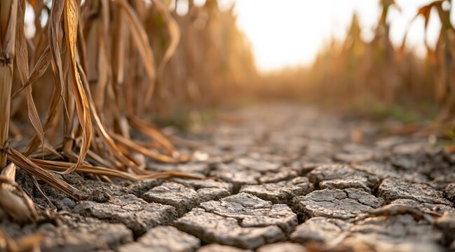 Low angle view of cracked parched earth in withered corn field at sunset