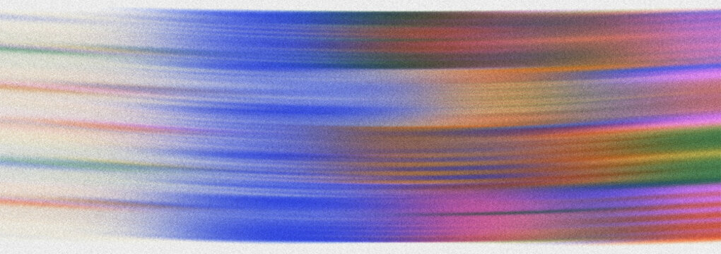 Horizontal motion blur background with iridescent light streaks crossing white canvas creating artistic colorful flowing energy lines.