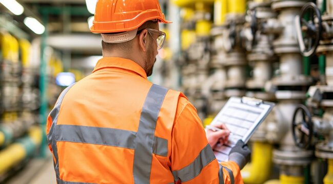 Industrial worker with clipboard inspecting pipes in factory