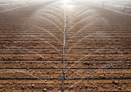 Automated irrigation system spraying water on dry farm soil