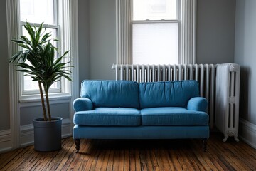 Fototapeta premium Blue sofa and teal loveseat in a modern living room with a plant and white radiator for interior design marketing