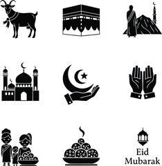 Fototapeta premium Eid Mubarak Islamic Icon Set with Mosque, Crescent Moon, Praying Hands and Decorative Elements