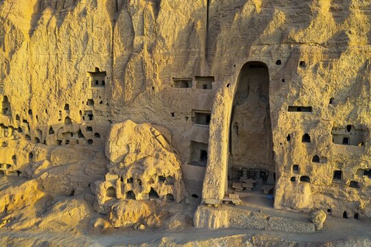 Aerial of the great buddhas in Bamyan, Afghanistan