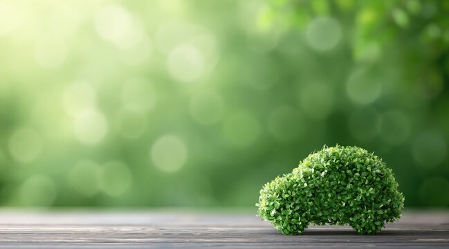 Car shaped topiary made of green leaves on wooden surface against blurred nature background