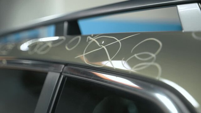 Close up view of Car with dent marks in to Preparing process of Repairing Hail Damage in car body shop