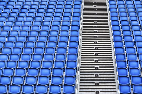 Empty grandstand, rows of blue seats for the Edinburgh Military Tattoo music festival, Edinburgh, Scotland, United Kingdom