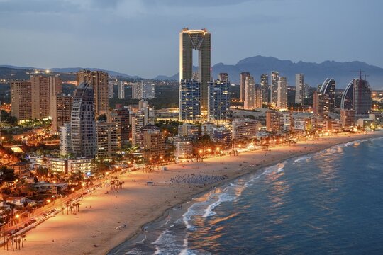 Skyline of Benidorm with the high-rise Intempo, with 192 metres the highest residential building in Europe, blue hour, Playa Poniente, Benidorm, Costa Blanca, Valencia County, Spain