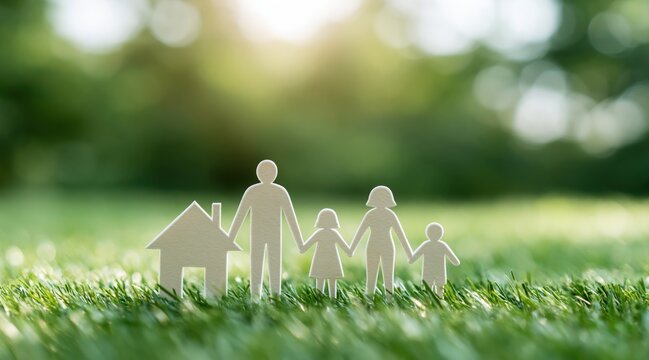 Paper family and house cutout on green grass with bokeh background