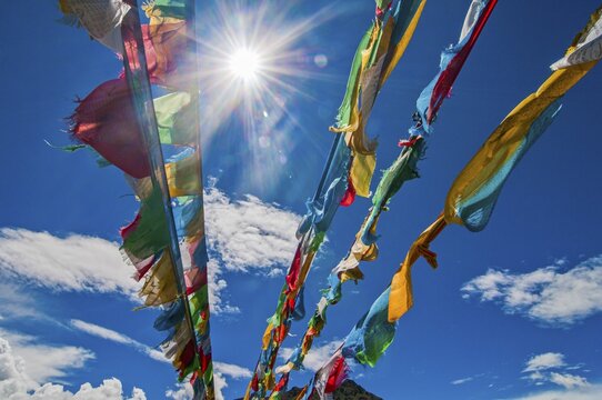 Praying flags on the Karo-La Pass along the Friendship Highway, Tibet, Asia
