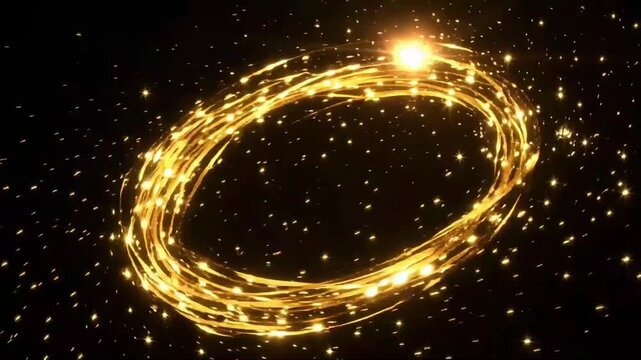Golden light ring animation with rotating particles forming a glowing circular vortex on a black background for motion video footage