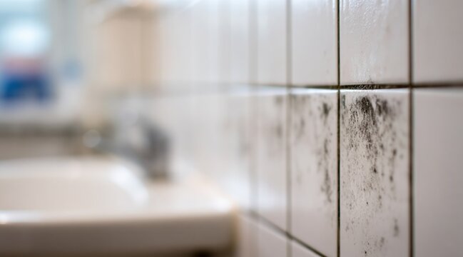 Black mold and mildew on bathroom wall tiles near sink