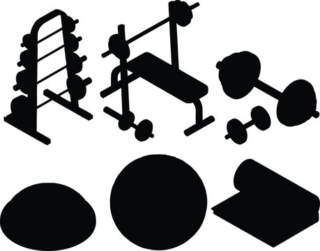 Set of gym equipment silhouettes with weights, bench, exercise ball and mat.