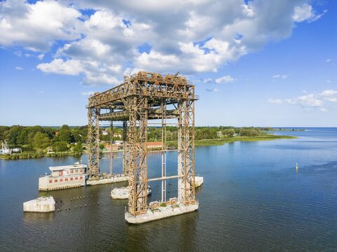 Aerial view, drone photo of the Karnin lift bridge, ruins of the Karnin railway bridge, Usedom Island, Mecklenburg-Western Pomerania, Germany