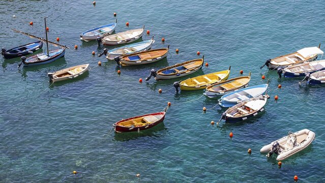 Coloured fishing boats attached to buoys in the turquoise water in the harbour of Vernazza, view from the hiking trail Via dellAmore, Vernazza, Cinque Terre, Ligurian Coast, Liguria, Italy