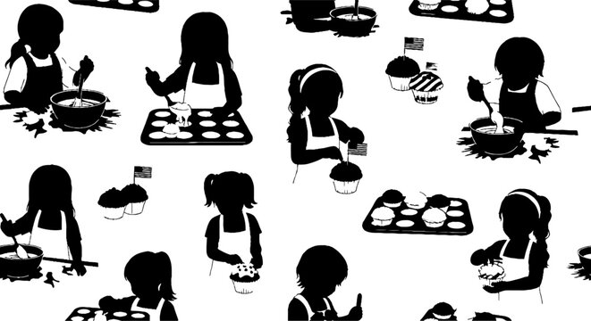 Silhouette Girls Baking Cupcakes and Pies Repeating Pattern.