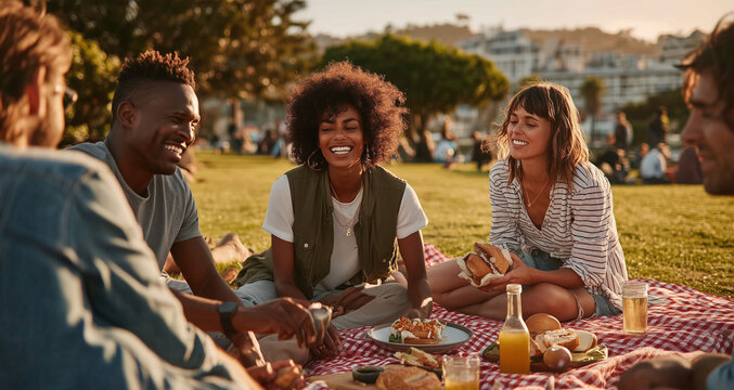 Sunset bathes friends sharing picnic on grass. Laughter flows as they eat bread, drinks, and snacks. Warm tones highlight joy, connection, and carefree moments. Perfect for lifestyle, social