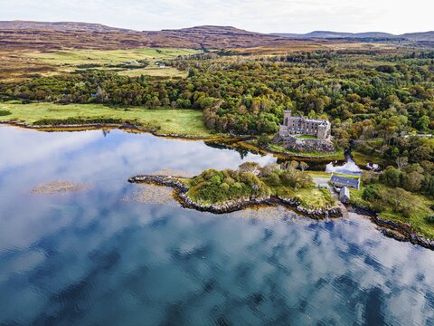Aerial of Dunvegan castle, Isle of Skye, Scotland, UK