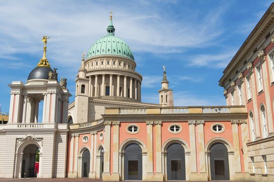 Parliament of Brandenburg, reconstructed city castle, at the back the tower of the St. Nicholas Church, Potsdam, Brandenburg, Germany