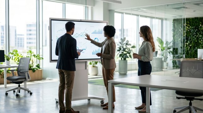 Diverse business team collaborating around smart board in modern office, analyzing financial charts and graphs during strategy meeting presentation