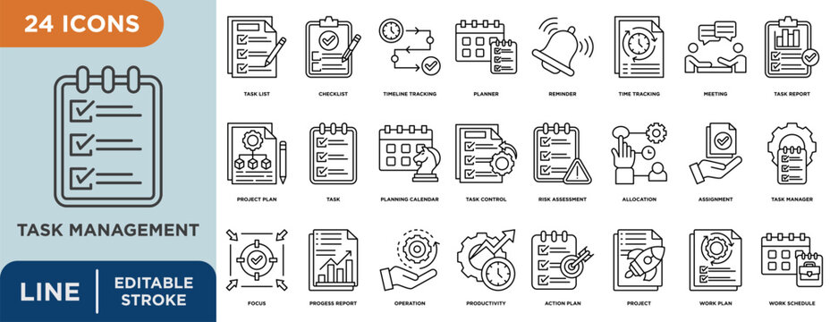Task management line icon set with editable stroke for project plan, task, task list, checklist, planner, reminder, timeline tracking and action plan