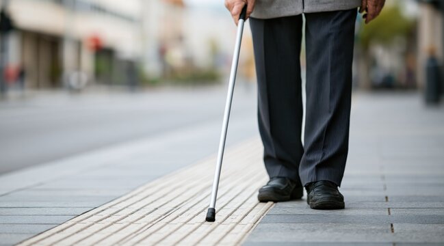 Person using white cane for blind people on tactile paving on city sidewalk