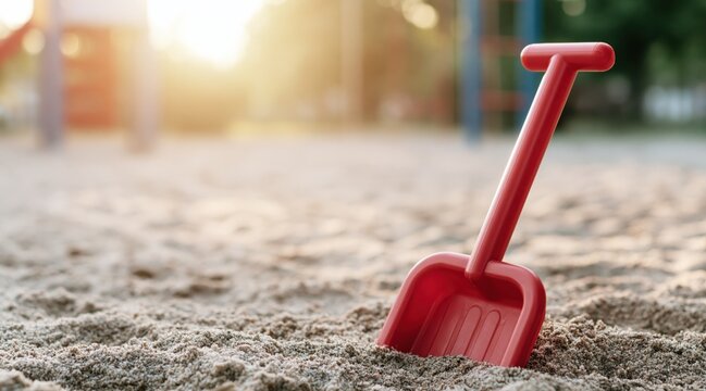 Red plastic shovel standing in playground sandbox at sunset