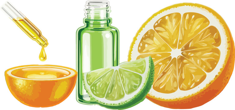 Organic citrus essential oil vector with glass dropper bottle orange slices and lime for natural skin care beauty aromatherapy wellness and healthy lifestyle.